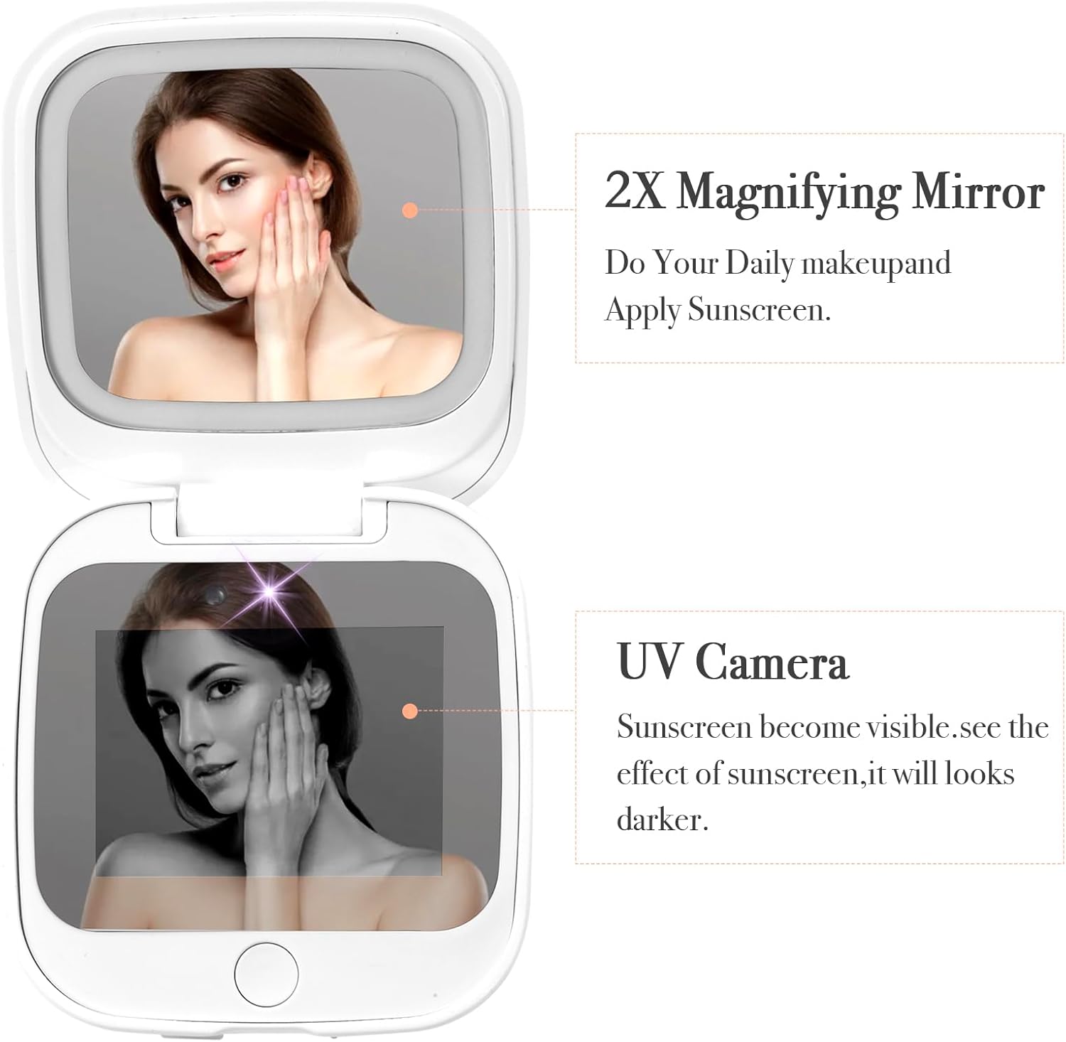 UV Camera Mirror for Sunscreen Test & SPF Detection, 1x/2x Magnifying Travel Mirror with Dimmable LED Lights, Handheld 2-Sided Portable Makeup Mirror for Handbag/Pocket,White
