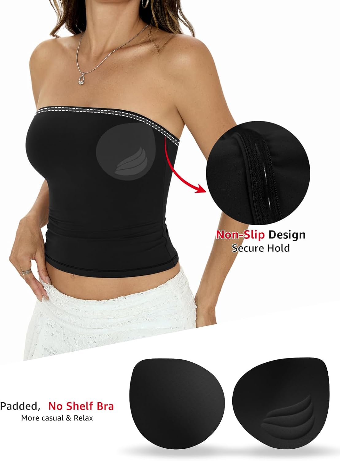 Womens Padded Double Lined Tube Tops Non Slip Crop Strapless Bandeau Tops Sexy Going Out Tops Y2K Summer Outfit - Image 3