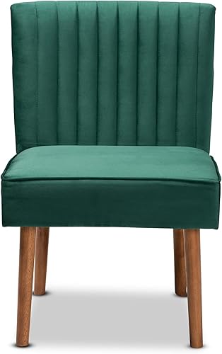 Miniatura 4 de Baxton Studio Alvis Mid-Century - Silla de comedor de madera tapizada en terciopelo verde esmeralda y acabado marrón nogal