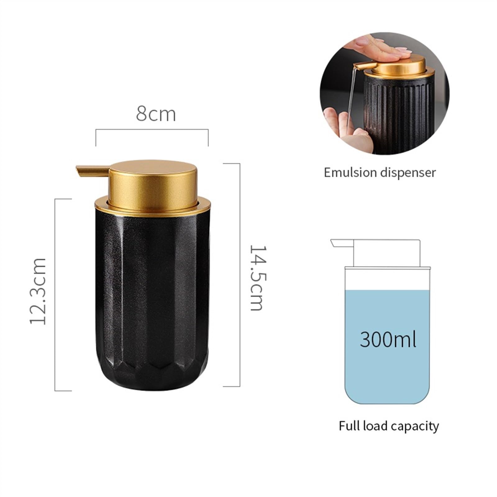 Schwarzer Keramik-Seifenspender mit goldenem Kunststoff-Pumpkopf, 300 ml, nachfüllbar, für Küche und Badezimmer