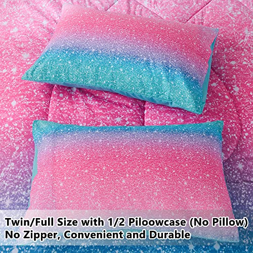 Sisher 5 Pcs Glitter Comforter Set Bed In A Bag, Blue Pink Galaxy Themed Kids Bedding Sets Full Size For Girls Teens (1 Comforter, 2 Pillowcases, 1 Flat Sheet, 1 Fitted Sheet) #TOP3