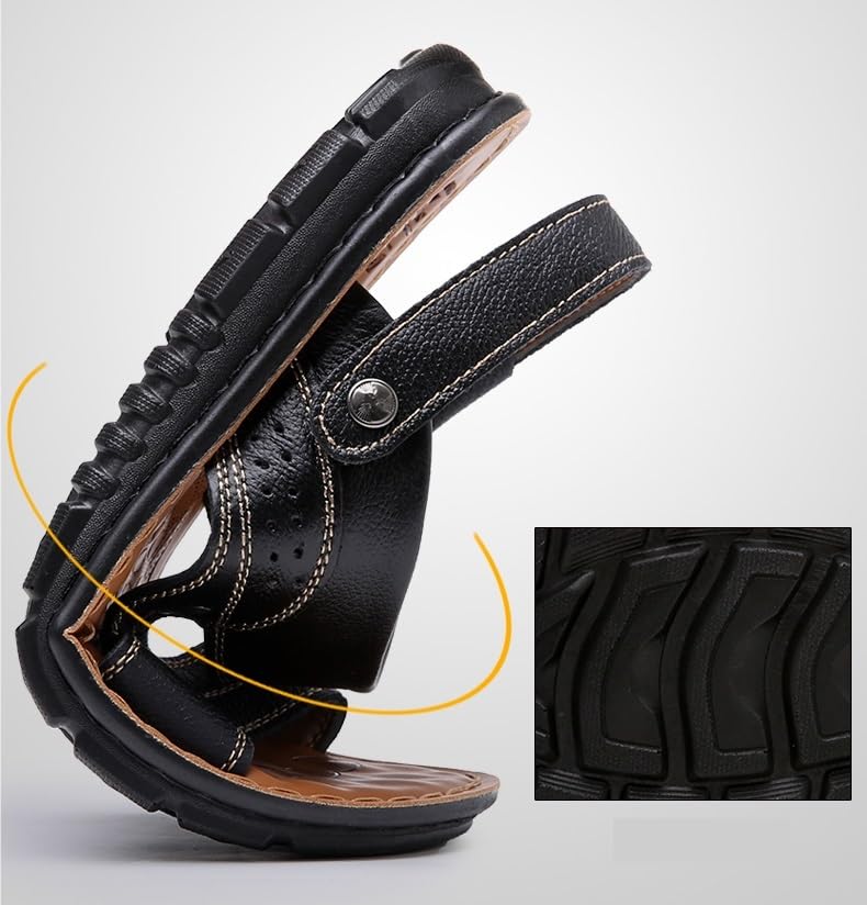 VOODUE Men's Sandals Men's Leather Beach Shoes Casual Men's Shoes Fashion Slippers Stripe Sandals Rubber Big Size Shoes (Color : Black, Size : 47 EU)3