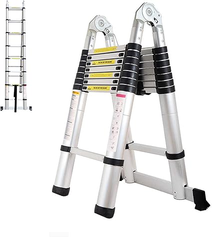 16.5FT Telescopic Folding Ladder Extension Aluminum 2.5M+2.5M A-Frame 5M Straight Ladder Telescoping Portable Foldable Anti-Slip Steps Multi-Purpose With Support Bar EN131 Safe Standard MAX Load 330LB
