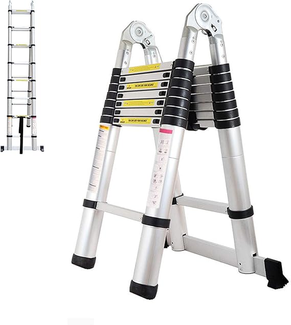 16.5FT Telescopic Folding Ladder Extension Aluminum 2.5M+2.5M A-Frame 5M Straight Ladder Telescoping Portable Foldable Anti-Slip Steps Multi-Purpose With Support Bar EN131 Safe Standard MAX Load 330LB