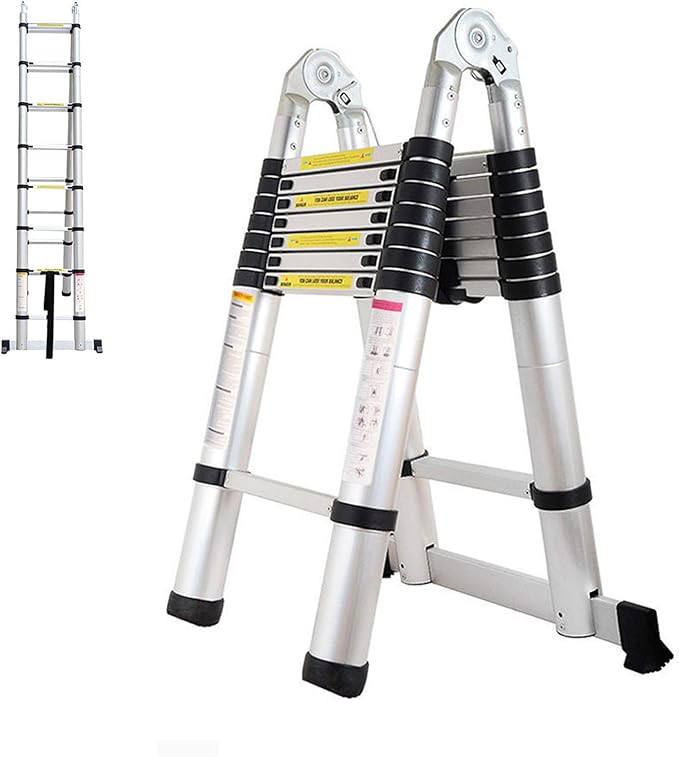 16.5FT Telescopic Folding Ladder Extension Aluminum 2.5M+2.5M A-Frame 5M Straight Ladder Telescoping Portable Foldable Anti-Slip Steps Multi-Purpose With Support Bar EN131 Safe Standard MAX Load 330LB