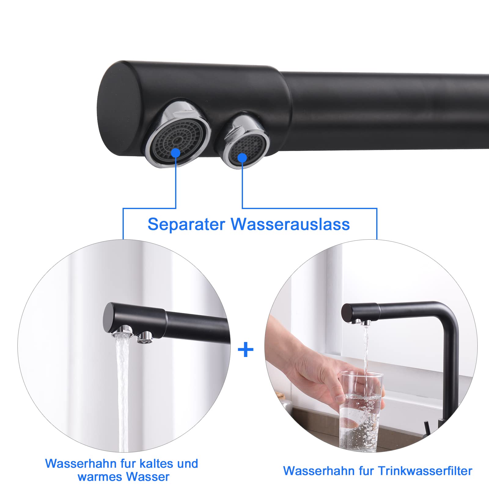 Grifería de Cocina Agua Potable con 3 Vías osmosis integrado con Caño Flexible 360° Giratorio Robinetterie Doble Mango 3 en 1 para Purificador de Filtro de Aguay En Latón Negro