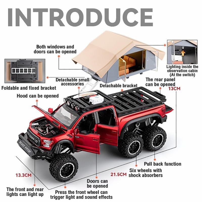 Image of VARIYA ENTERPRISE Exclusive Alloy Metal Pull Back Die-Cast Car Diecast Metal Pullback Toy Car with Openable 6 Doors,Light Music Boys Gifts Toys (1:24 Raptor F150 + Tent)