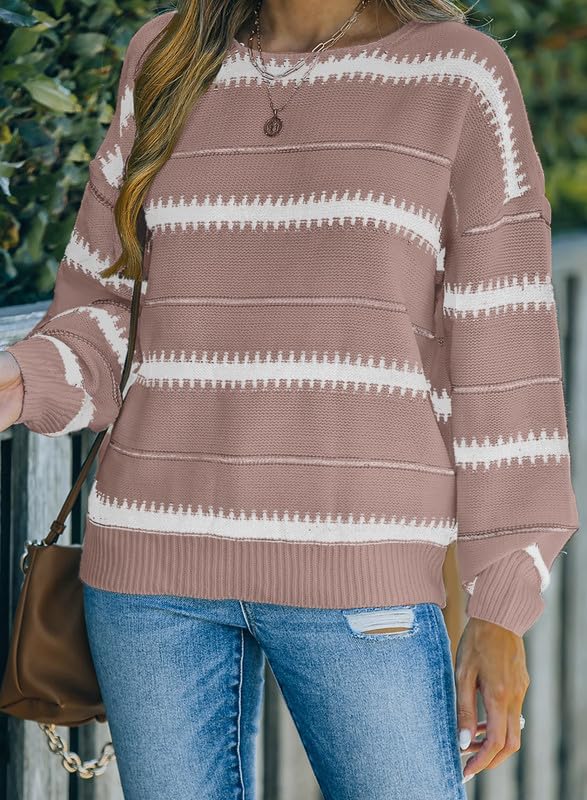 Image of Dokotoo Womens Color Block Sweaters Long Sleeve Pullover Knit Tops | Winter,Cable Knit,Casual,Loose,Striped,Soft,Warm