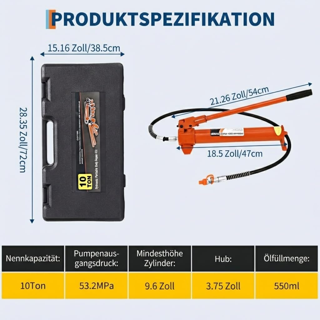 12 Tonnen Hydraulikzylinder Porta Power Set – Karosserie Richtwerkzeug Mit 1,4 m Ölschlauch & Transportkoffer – Hydraulikheber Set Für Werkstatt, KFZ, Landwirtschaft & Schwere Maschinen, Orange
