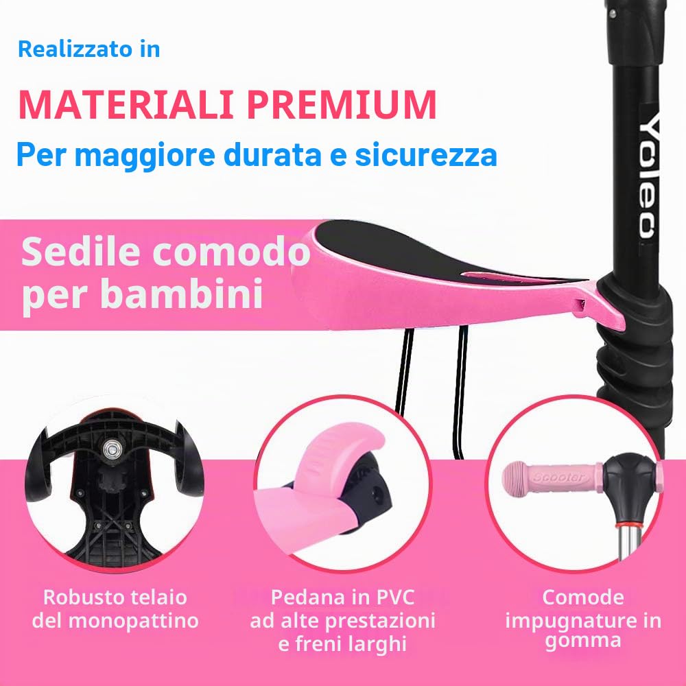 YOLEO Monopattino per Bambini 3-in-1, Monopattino 3 Ruote Lampeggianti in LED, Kids Scooter, Con Sedile Estraibile/Monopattino Bambini 2 a 8 Anni, Carico Massimo 50 Kg, Regalo per Bambini