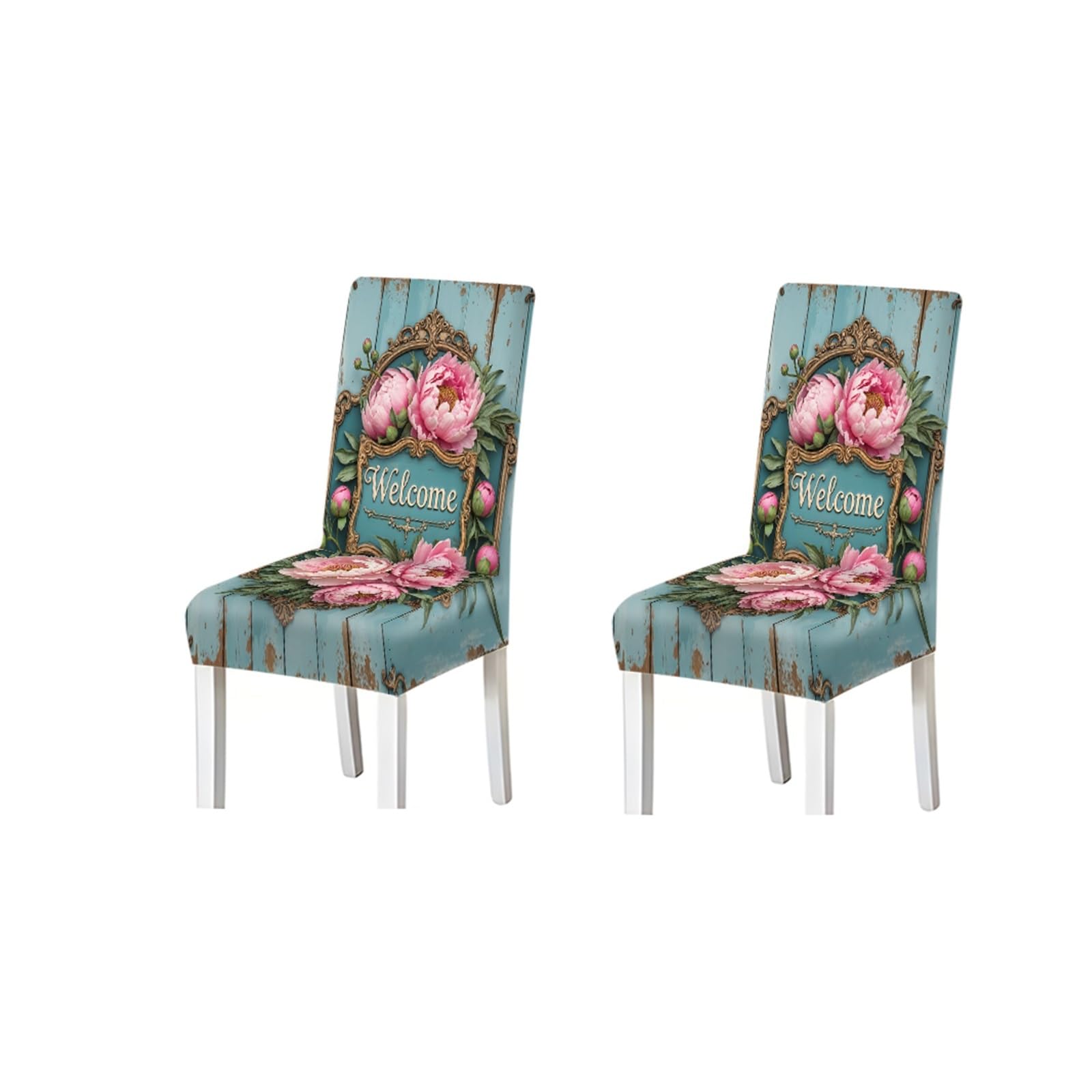 KXUAUV Vintage Wood Grain Peony Welcome Floral Print Stretch Dining Chair Covers For Kitchen Dining Living Room Farmhouse, 2/4/6PCS Seat Protectors for Restaurant Hotel Party(2PCS Chair cover)