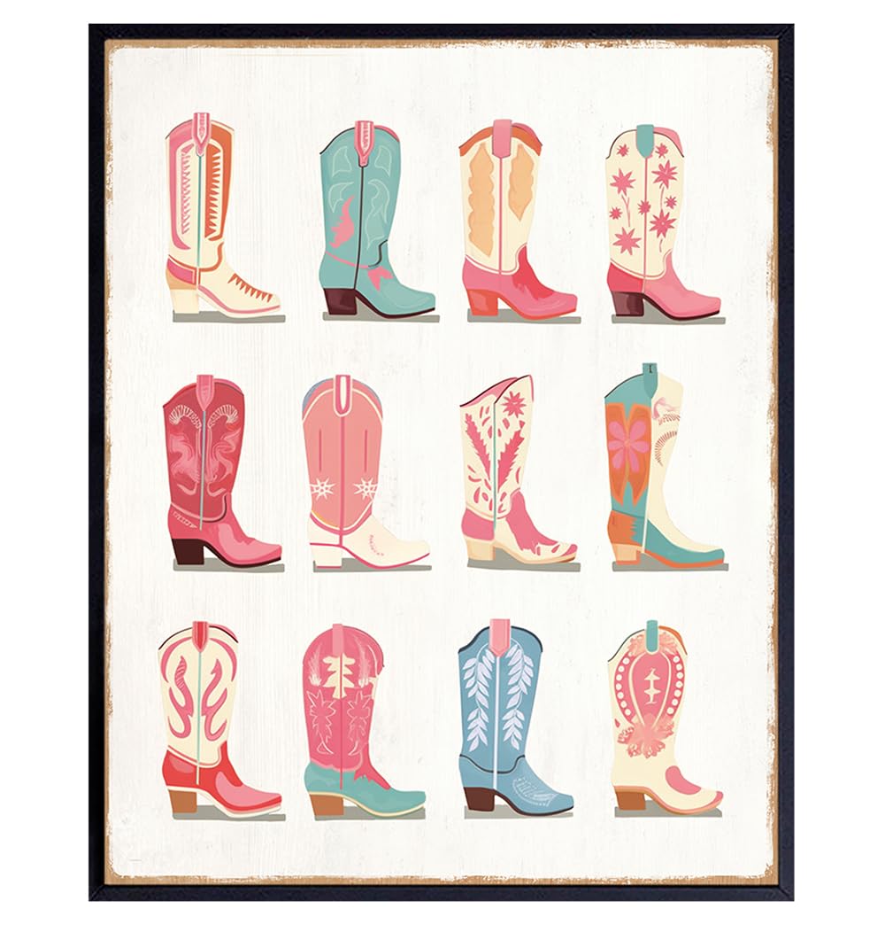 Cowgirl Boots Rustic Wall Decor for Women - Boho Wall Decor, Vintage Farmhouse Wall Art - Pink Living room Decor, Chic Western Print - Barn Decoration