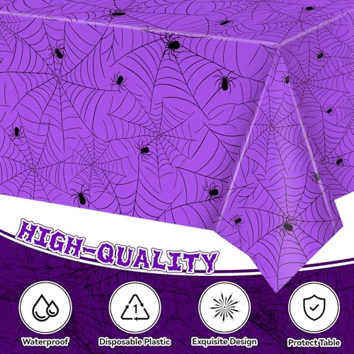 Image of Miucat 3Pcs Halloween Tablecloth - Spider Web Table Cloth, Plastic Disposable for Party Decorations 54 inch x 108 inch (Purple)