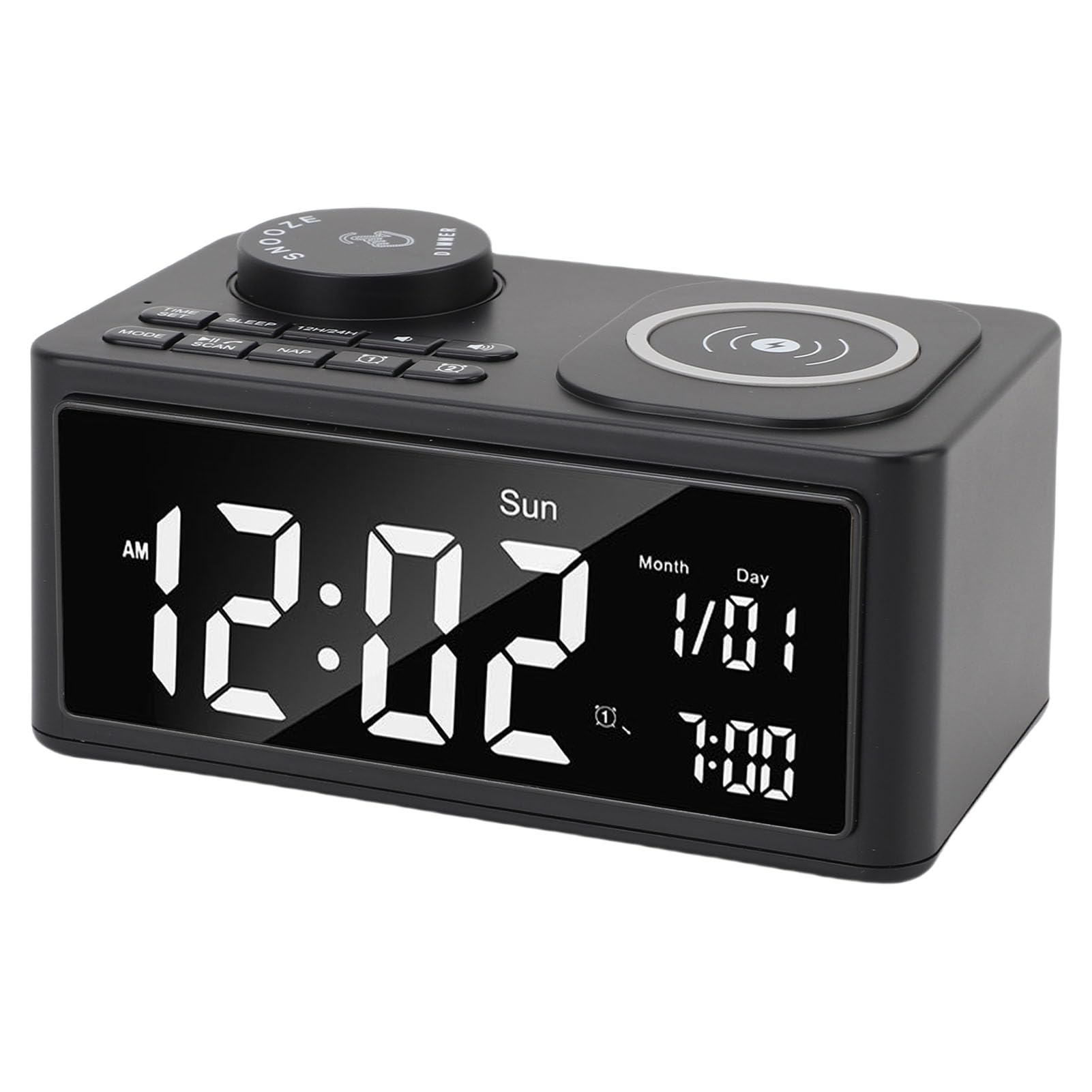 Goshyda Głośnik Bluetooth z bezprzewodową ładowarką, Radiem FM, Konfigurowalnymi Podwójnymi Alarmami, bezprzewodową stacją ładującą Głośnik HiFi Wbudowany Mikrofon, do Domowego Biura w (wtyczka UE)