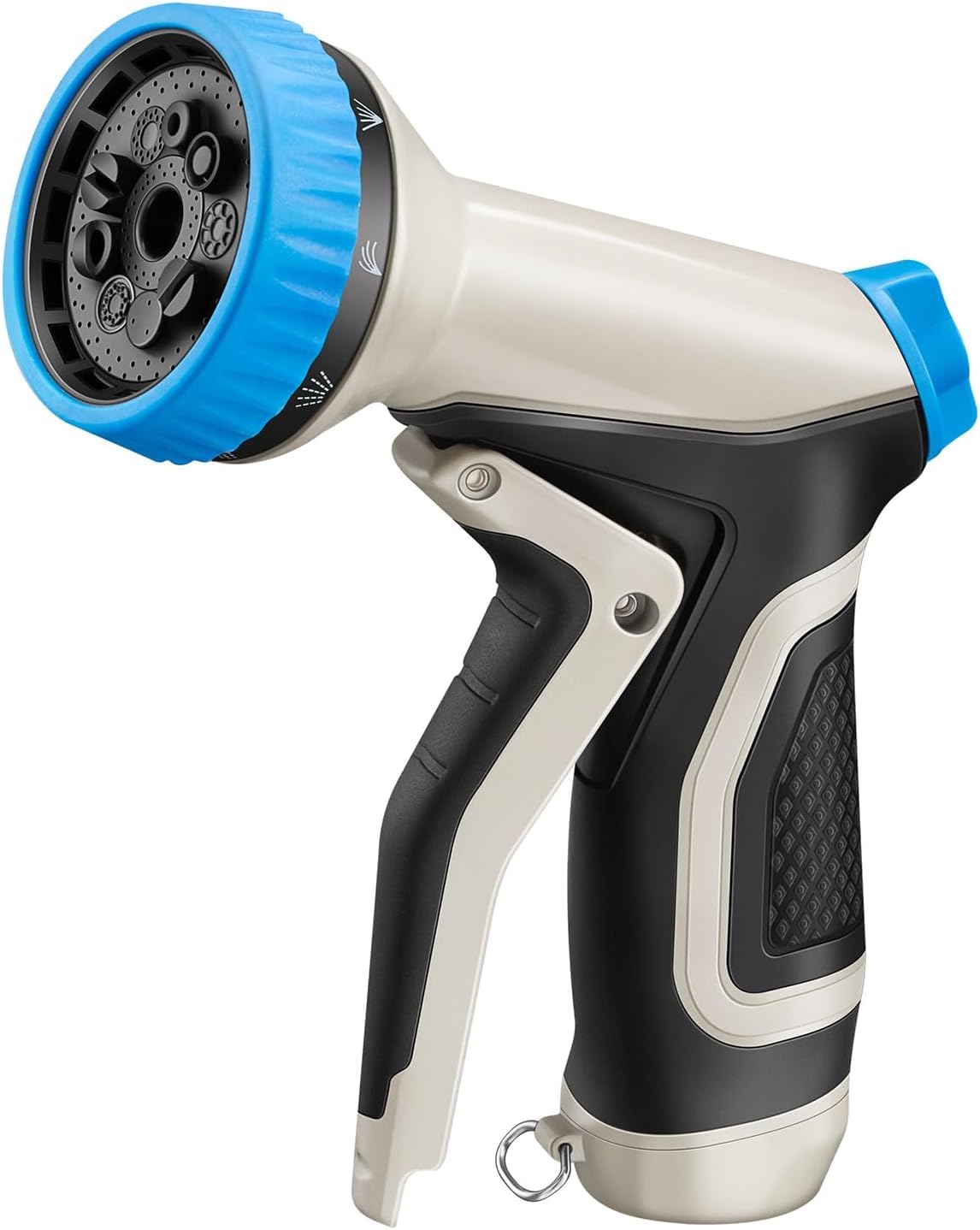 Garden Hose Nozzle, Heavy Duty Metal, Zinc Alloy Body, Globe Valve, 2 Ports, 3/4" NH Outlet, Fits Standard US Hoses, 9 Spray Patterns, Comfortable Grip, Lockable Trigger