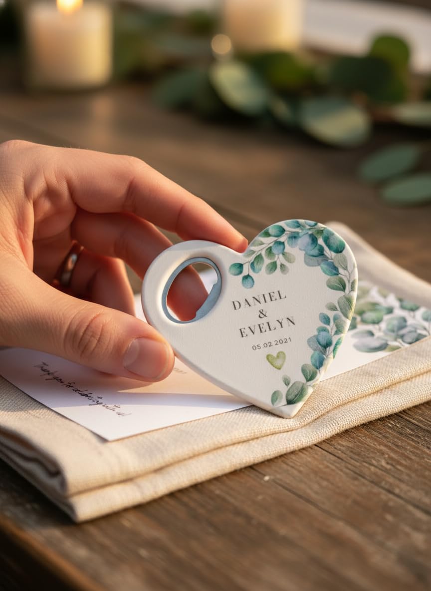 Bomboniere matrimonio personalizzate, calamita apribottiglie a forma di cuore con biglietto di ringraziamento, regalo per invitati e festa di (Apribottiglie + biglietto di ringraziamento)(Set da 30)