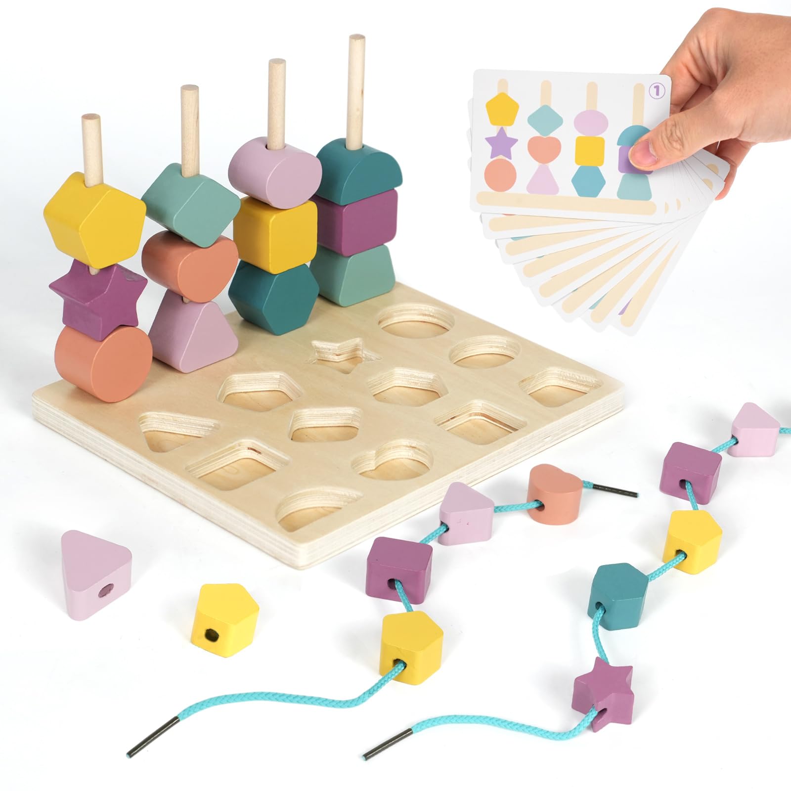Merabufa Montessori Toys for 2 Year Old Wooden Shape sorter Matching Stacker Lacing Card Wooden Bead Sequencing Beads Stacking fine Motor Skills Toys STEM Preschool Learning Toy
