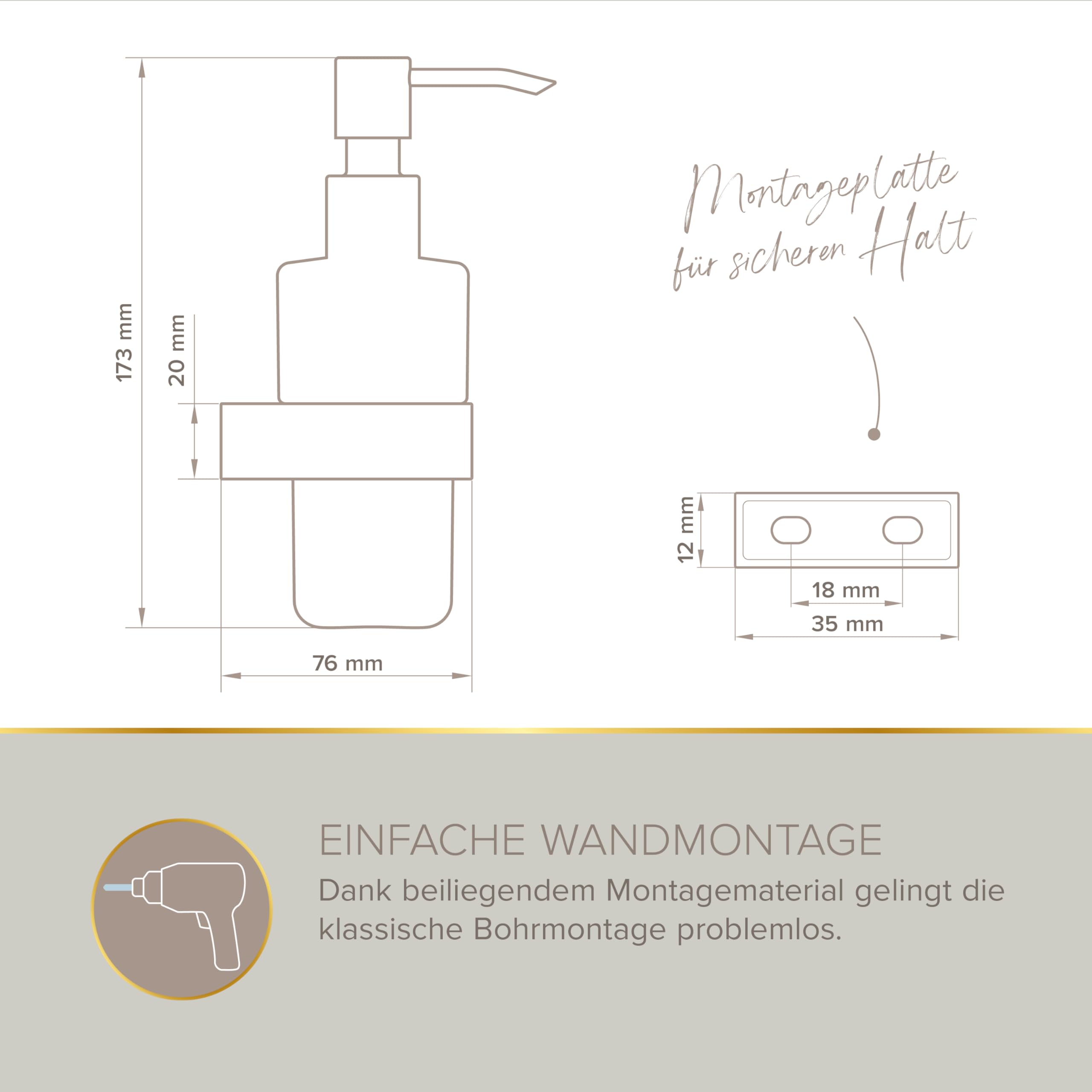 Lenz Seifenspender Aura in Chrom – Nachfüllbar und Tropffrei | Wandmontage inkl. Befestigungsmaterial – Pflegeleichte Oberfläche & hochwertige Verarbeitung, satiniertes Glas, 3408302