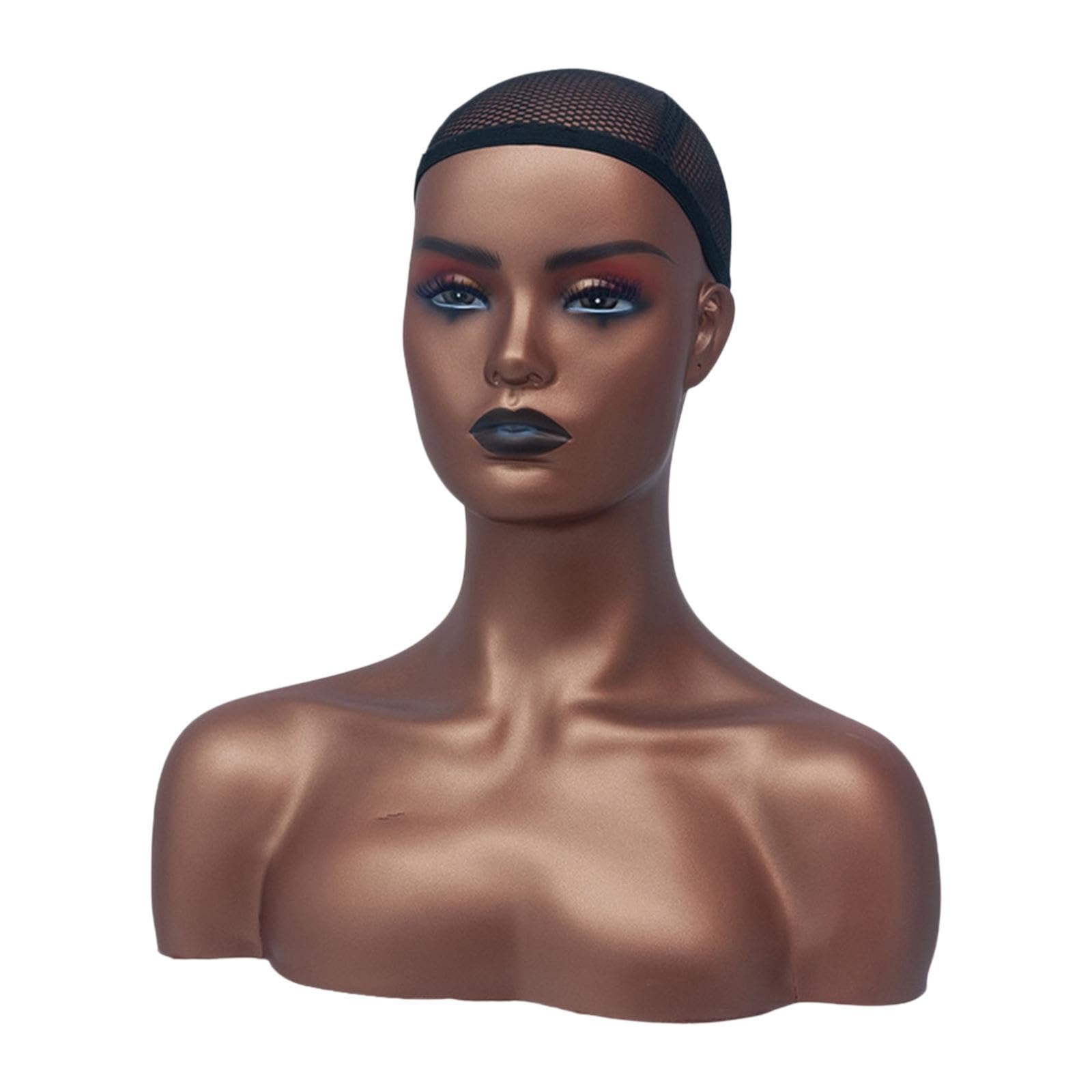 Jojomis Mannequin Head with Shoulder, 42cm/16.5in Display Bust for Wig Hat Necklace Earrings, Realistic Female Manikin Head with Makeup, PVC Wig Stand with Cap, Multipurpose