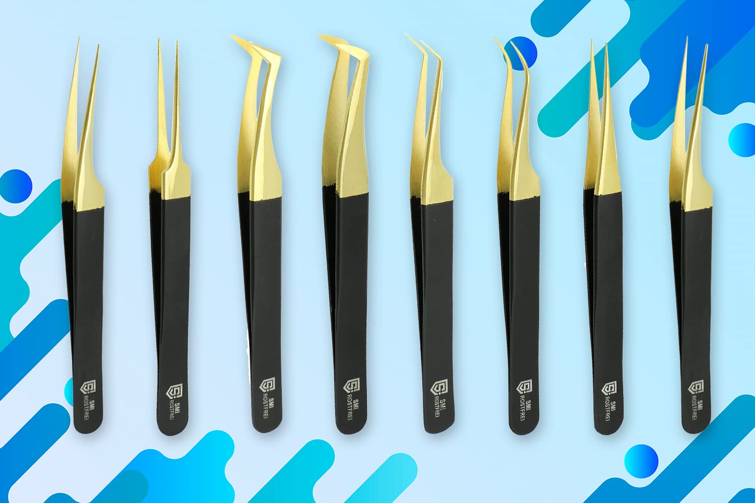 SMI 8 Pinzetta Extension Ciglia punta in fibra NERO E ORO, Pinzette Diritto e Curvo Tip Pinza, Ciglia finte, Professionale Pinzette in Acciaio Inox, Kit Pinzetta per Ciglia, con Custodia da viaggio