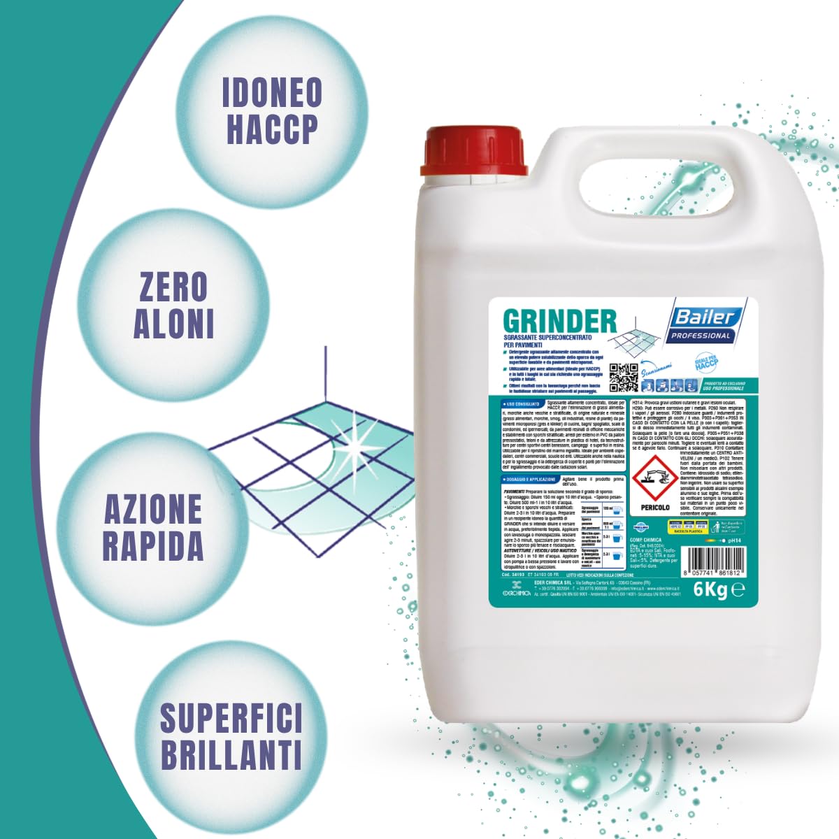 Grinder Sgrassante Superconcentrato per Pavimenti, Tanica 6 kg, elimina lo sporco da ogni superficie lavabile e da pavimenti microporosi