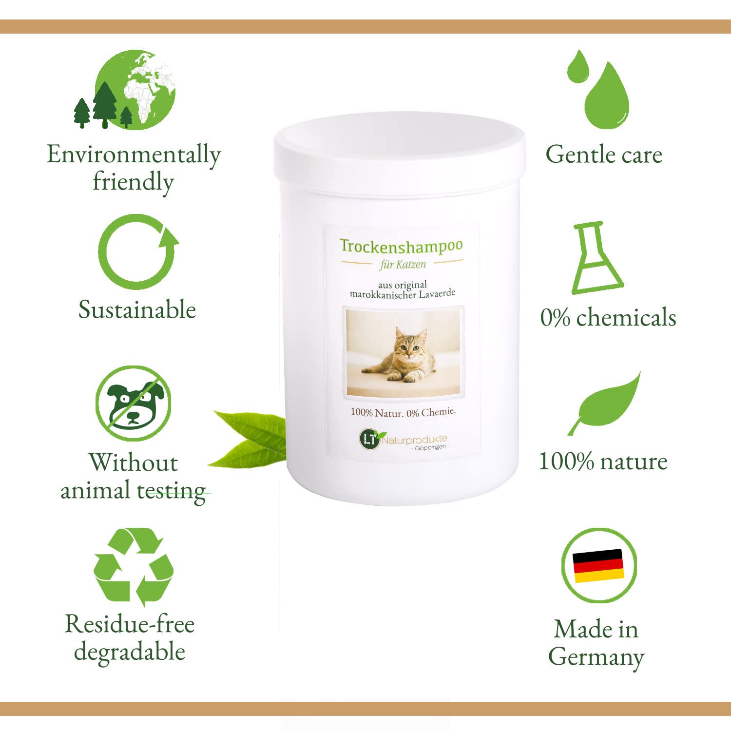 Champú seco para Gatos, con Polvo de Arcilla Original marroquí | Vegano y Bio | para el Cuidado del Pelo sin químicos | 800 g