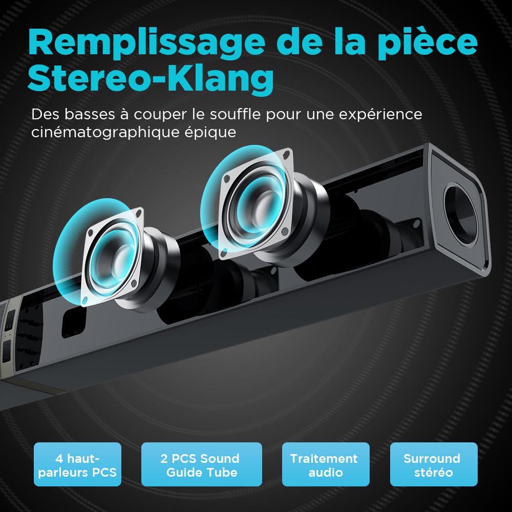 Barre de Son 2.0 canaux pour téléviseurs, Barre de Son 2 en 1 Divisible 32 Pouces pour TV Barre de Son Bluetooth avec 3 Modes EQ et Son Surround 3D, Barres de Son Arc/Optique/AUX, 1pcs