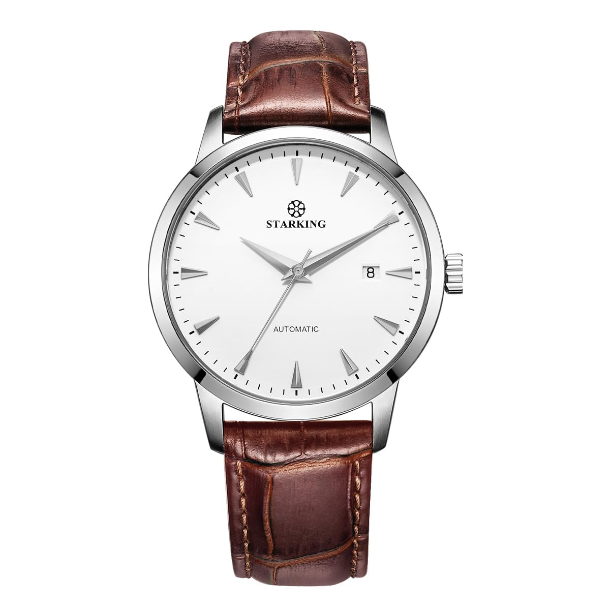 STARKING AM0184 Automatic Watch of Dress Watches, Skeleton Case Back, Fashion Business Watches for Mens, 5ATM Waterproof, Leather Watch, Auto Date, Brown