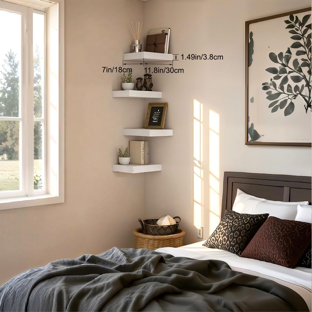 White Floating Wall Shelves 4-Pack, 11.8" Small Bathroom Over Toilet Floating Shelves, Premium Decorative Wall Mounted Shelves for Modern Storage & Display, Perfect for Living Room, Bedroom
