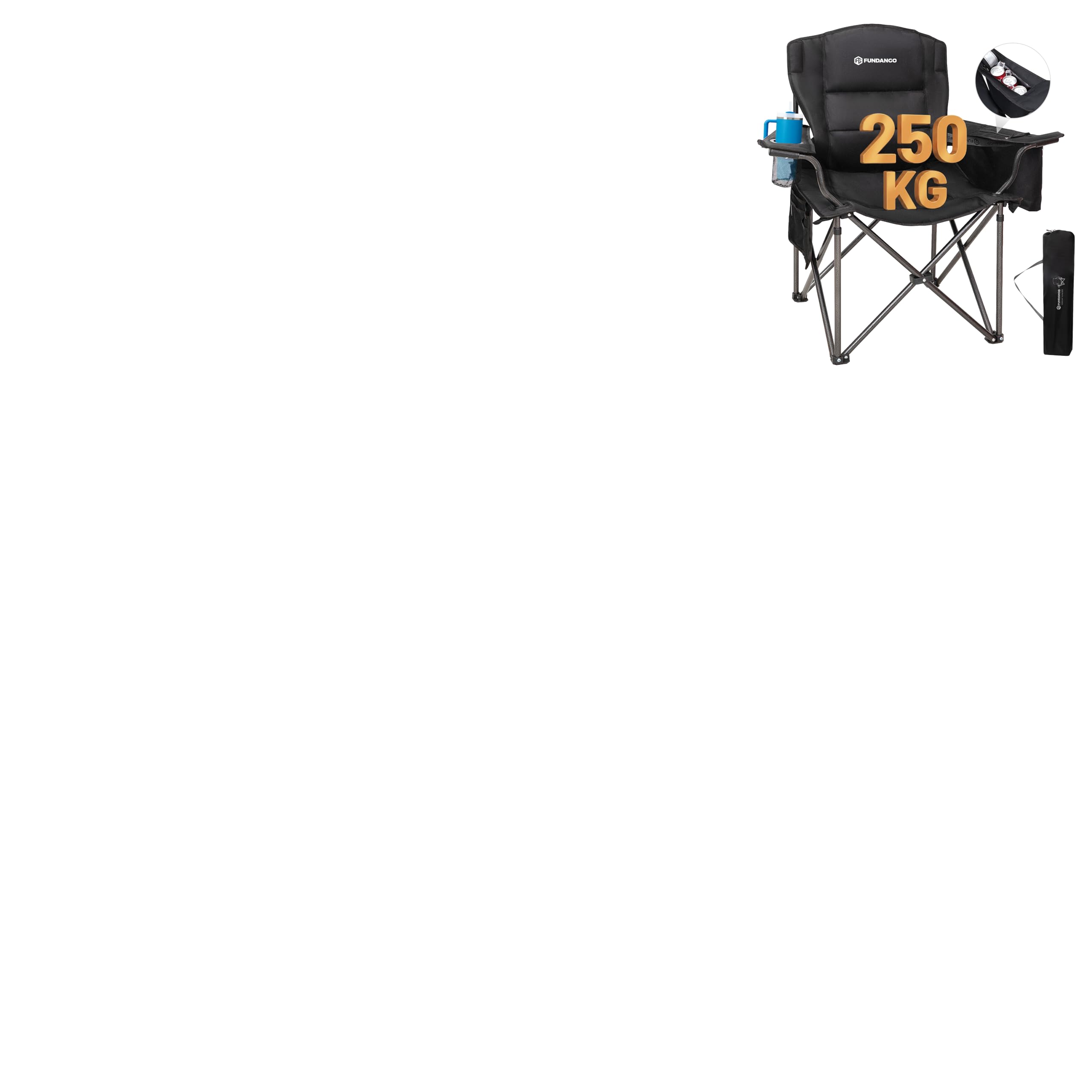 FUNDANGO Übergroßer Campingstuhl für Erwachsene, 250 kg, robust, faltbar, tragbar, Rasenstuhl mit gepolsterter Sitzfläche und Rückenlehne, 4-Dosen-Kühler und Getränkehalter für den Außenbereich