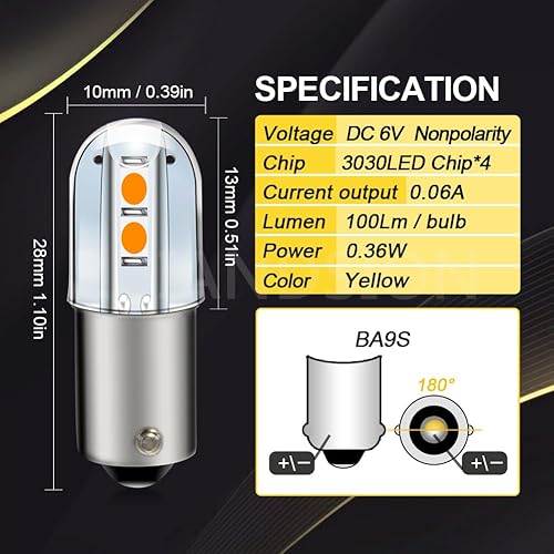 Miniatura 5 de Ruiandsion BA9S - Bombilla LED de 6 V BA9 1895 1891 53 57 47830 64111 3893 amarillo 3030 4SMD chipsets bombillas LED de repuesto para luces
