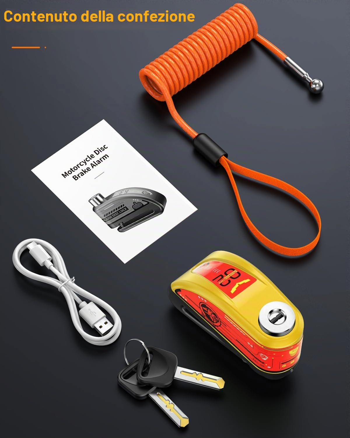 Bloccadisco con allarme per moto, ricaricabile, allarme antifurto 120 dB, resistente, con cavo promemoria da 1,8 m, per moto, bici, scooter, e-bike, giallo