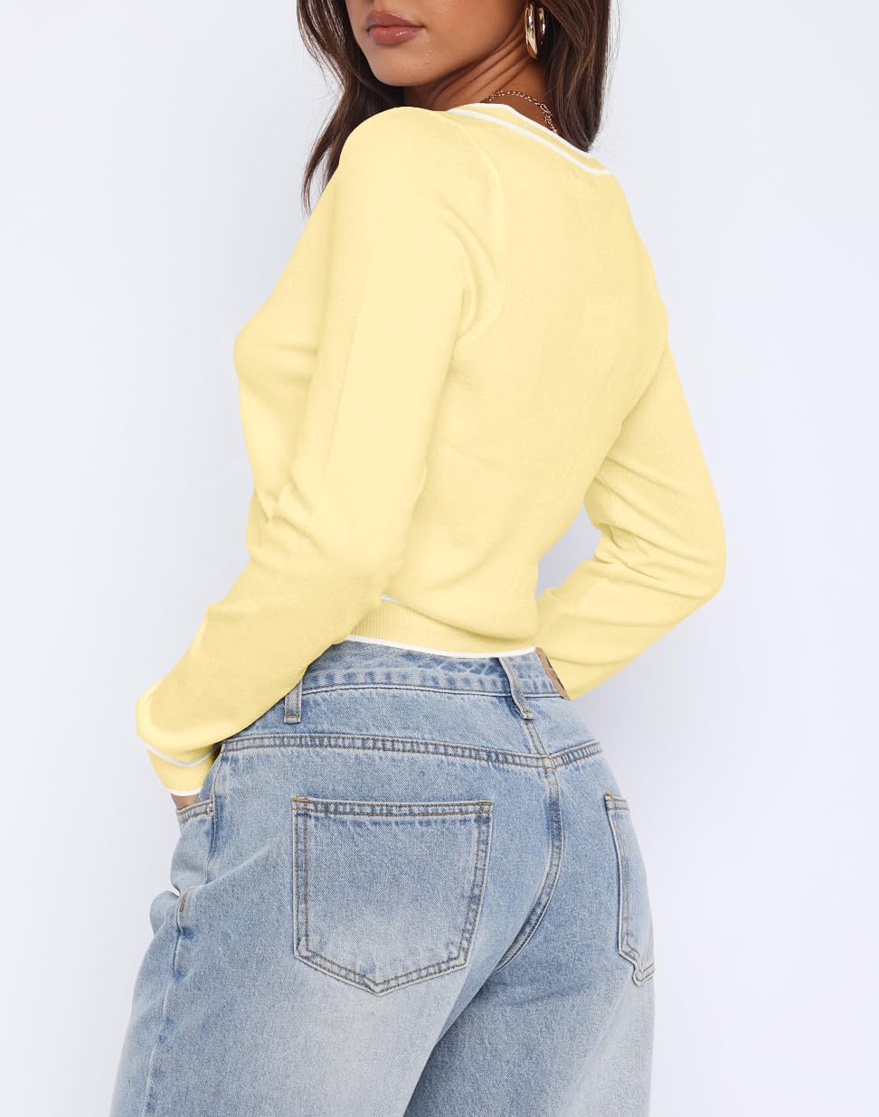 Ezbelle Cardigan Sweater Women's V Neck Tops Knit Crop Button Shirt Puff Sleeve Open Front Summer Sweaters - Image 2