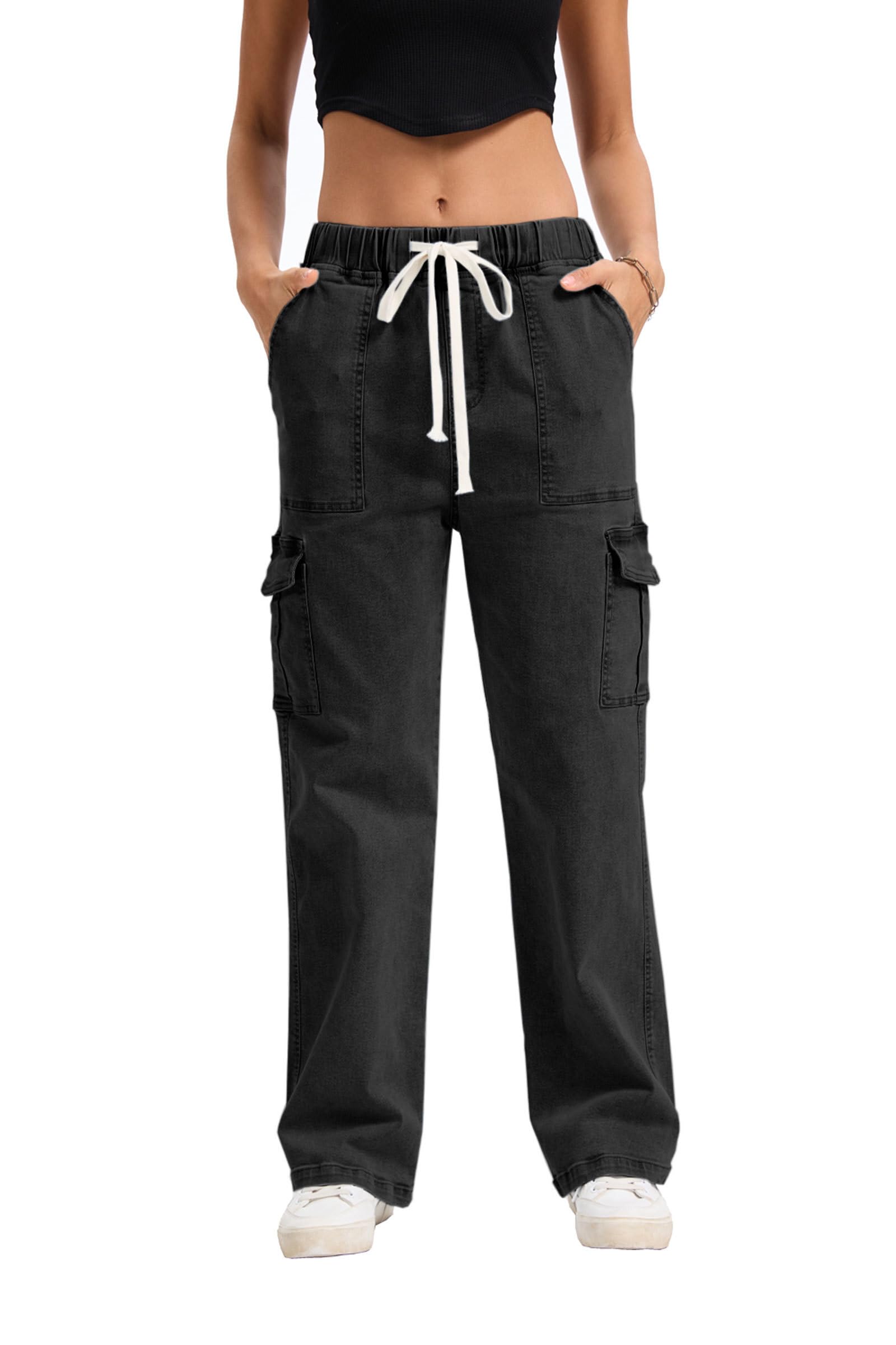 YOCUR Mid Rise Cargo Jeans Women Elastic Waist Stretch Wide Leg Denim Pants Pockets Multistyle Straight Leg Denim