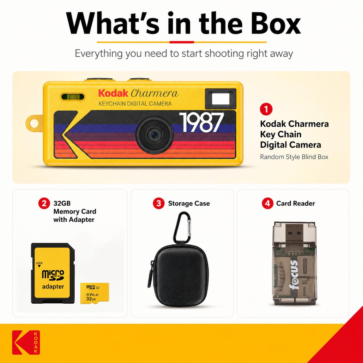 Kodak Charmera - Portachiavi per fotocamera digitale con scheda di memoria da 32 GB, lettore di schede e custodia (4 pezzi)