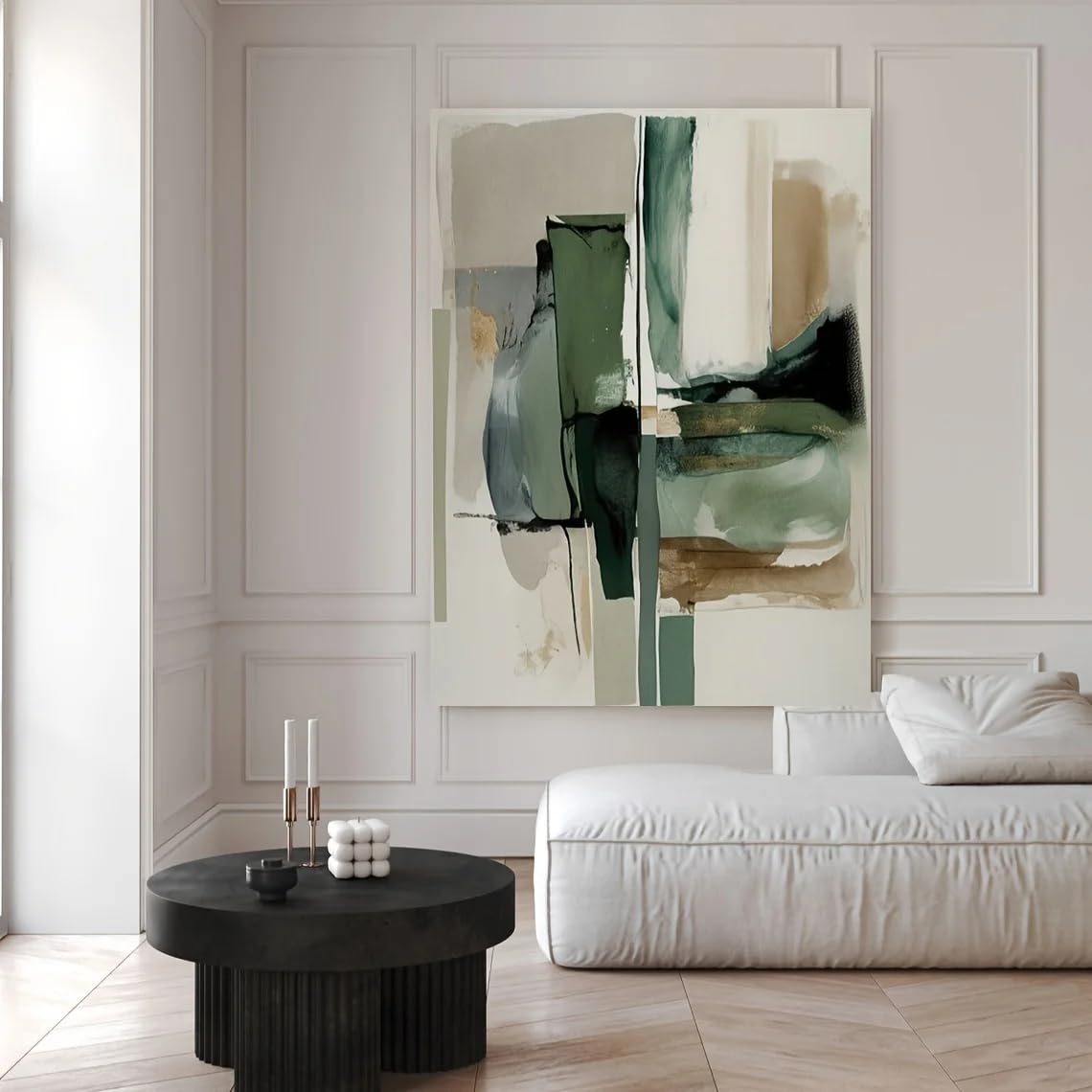 Gosrd Frameless Canvas Painting Green Beige Abstract Art Neutral Wabi Sabi Wall Trendy Apartment Decor(60X80cm/Frameless)