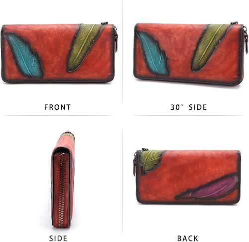 Miniatura 4 de IVTG Cartera de cuero genuino con cremallera alrededor de la pulsera bolso largo vintage en relieve de piel de vaca capacidad embrague hecho a mano,