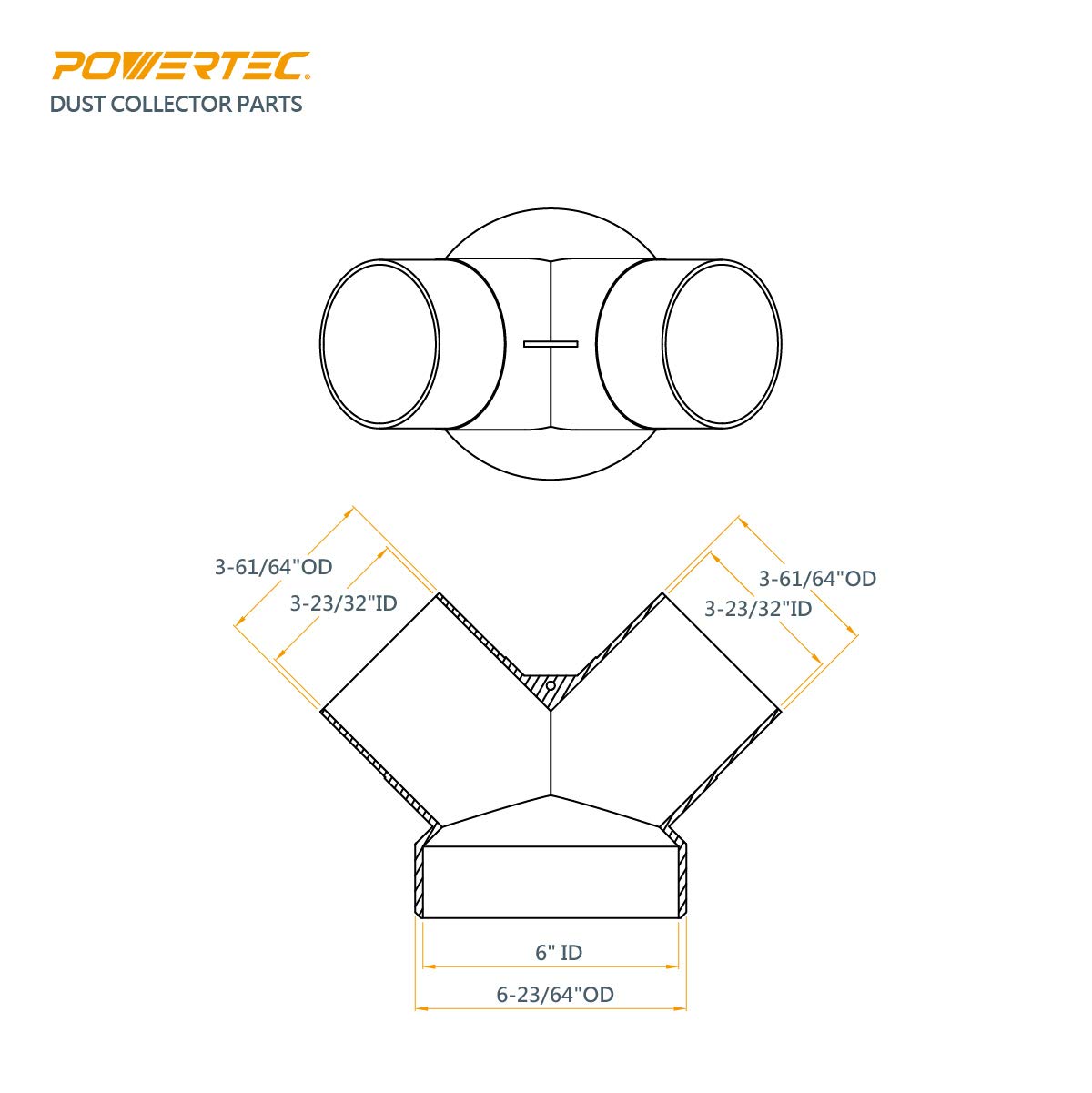 POWERTEC 70189-P2 Colector de polvo Y-Fitting | Reductor de manguera de 6 a 4 pulgadas para sistema de recolección de polvo de carpintería, 2 unidades