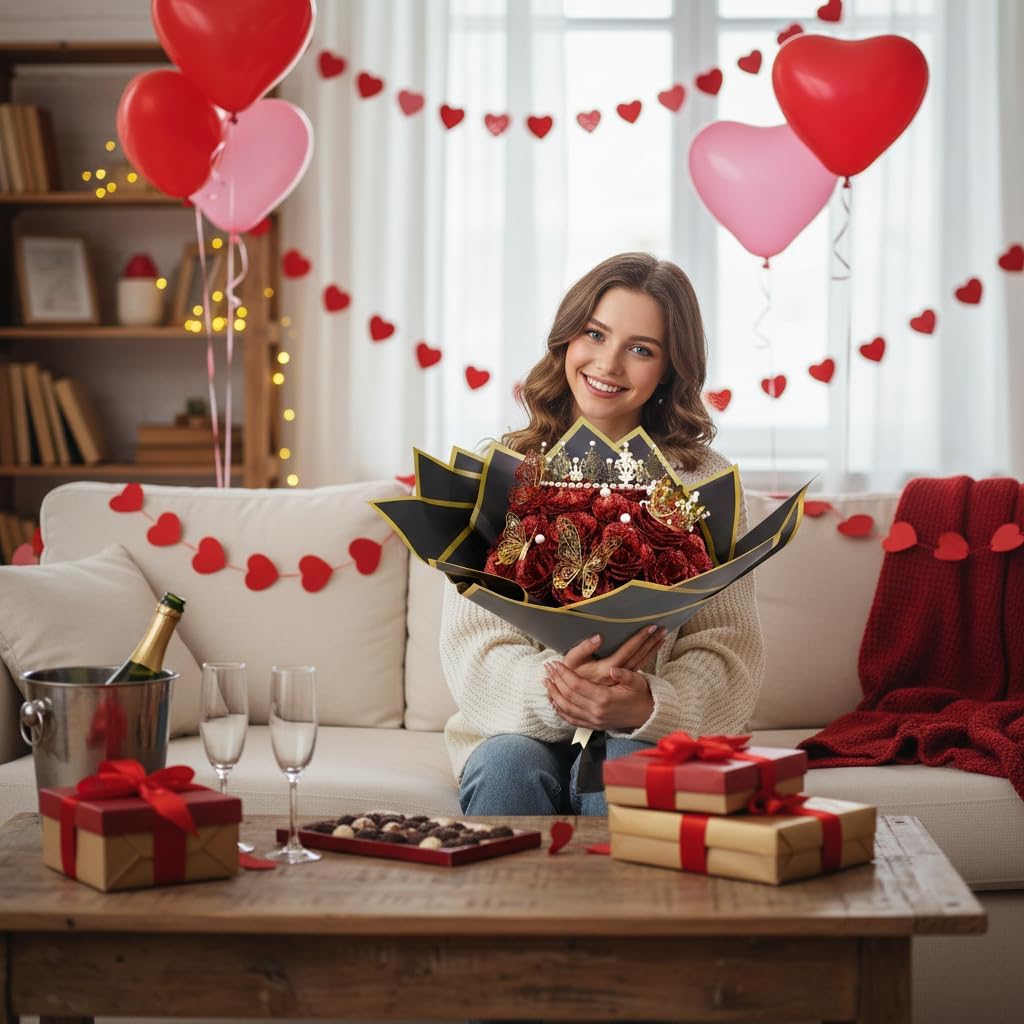 Glitter Roses Bouquet, 24 Red Artificial Roses with 2 Crowns,Pearls,Card,Paper,Ribbon,3 Butterfly,Wedding Bouquet of Flowers for Women,Valentine's Day DIY Present Set - Image 9