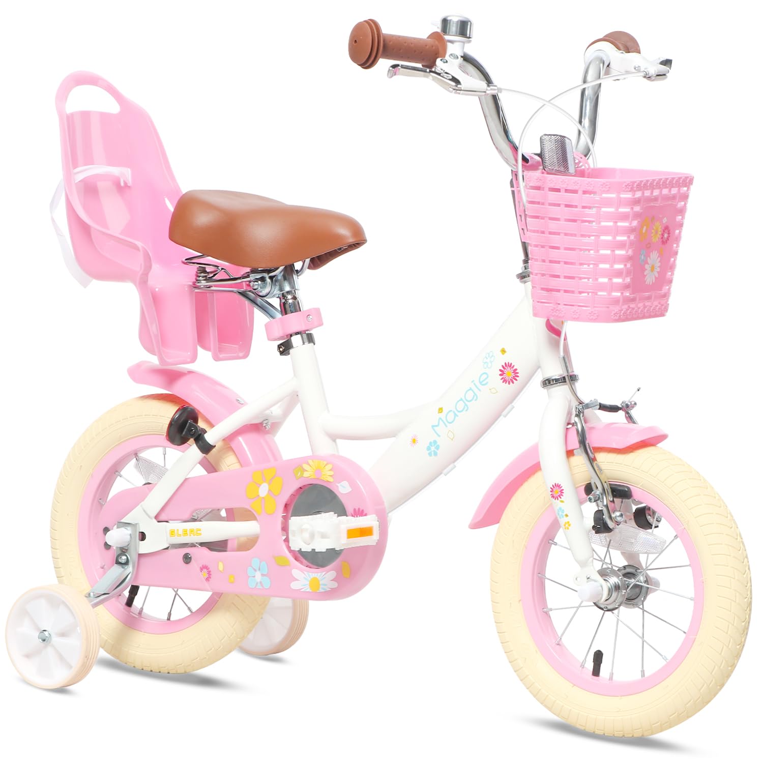 GlercMaggie 12 14 16 20 Inch Kids Bike for 2-13 Years Old, Girls Bicycle with Doll-Seat & Basket & Stabilisers & Kickstand, Multiple Colors