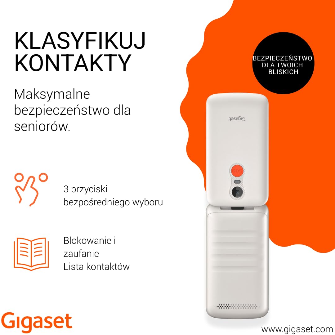 Gigaset GL595 – telefon z klapką i przyciskiem SOS, kolor perłowo-biały