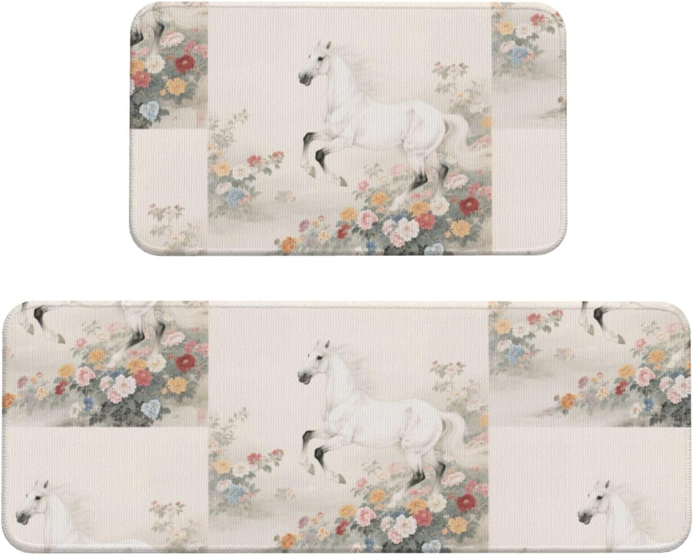 Elegant Horse Kitchen Rugs Set of 2, Cushioned Anti-Fatigue Kitchen Mats for Floor, Waterproof Comfort Standing Mat Absorbent Velvet Kitchen Runner Rugs 17"x30"+17"x47"