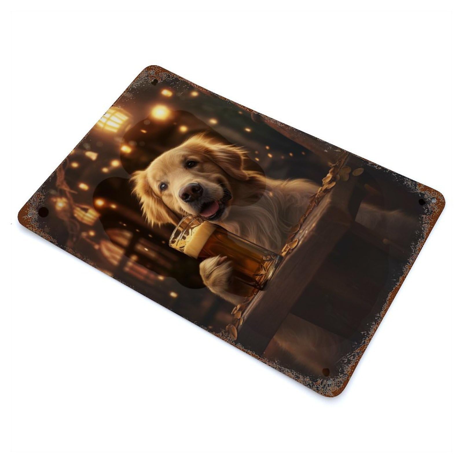 Rust Effect Golden Retriever Pint Beer Aged Metal Wall Plaque 11.8"x7.9", Shabby Chic Decor for Basement, Hobby Room And Garage Decor