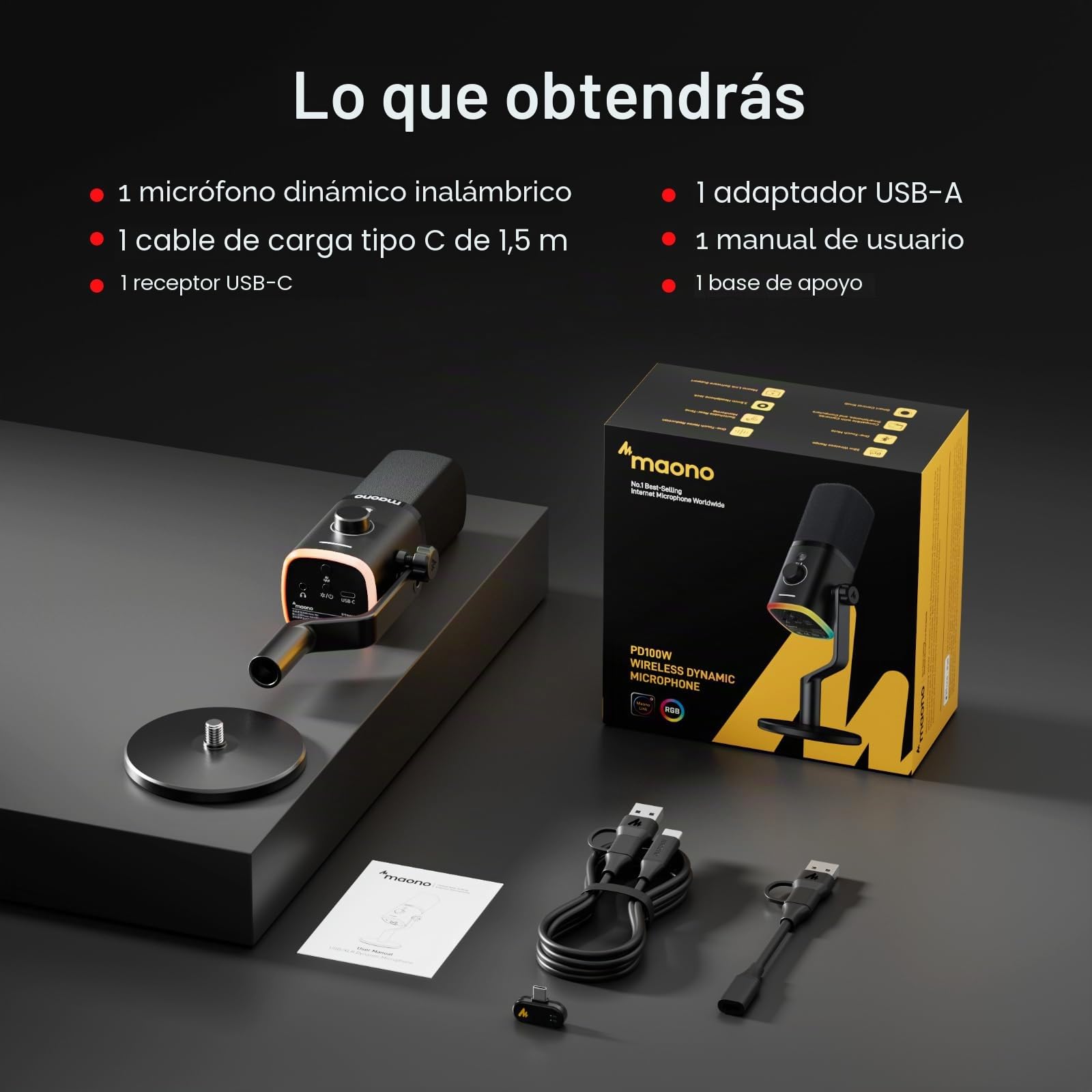 MAONO PD100W Micrófono dinámico USB inalámbrico, micrófono para PC para juegos con reducción de ruido con un solo clic, botón de silencio, RGB personalizado, conector de auriculares de 3.5 mm