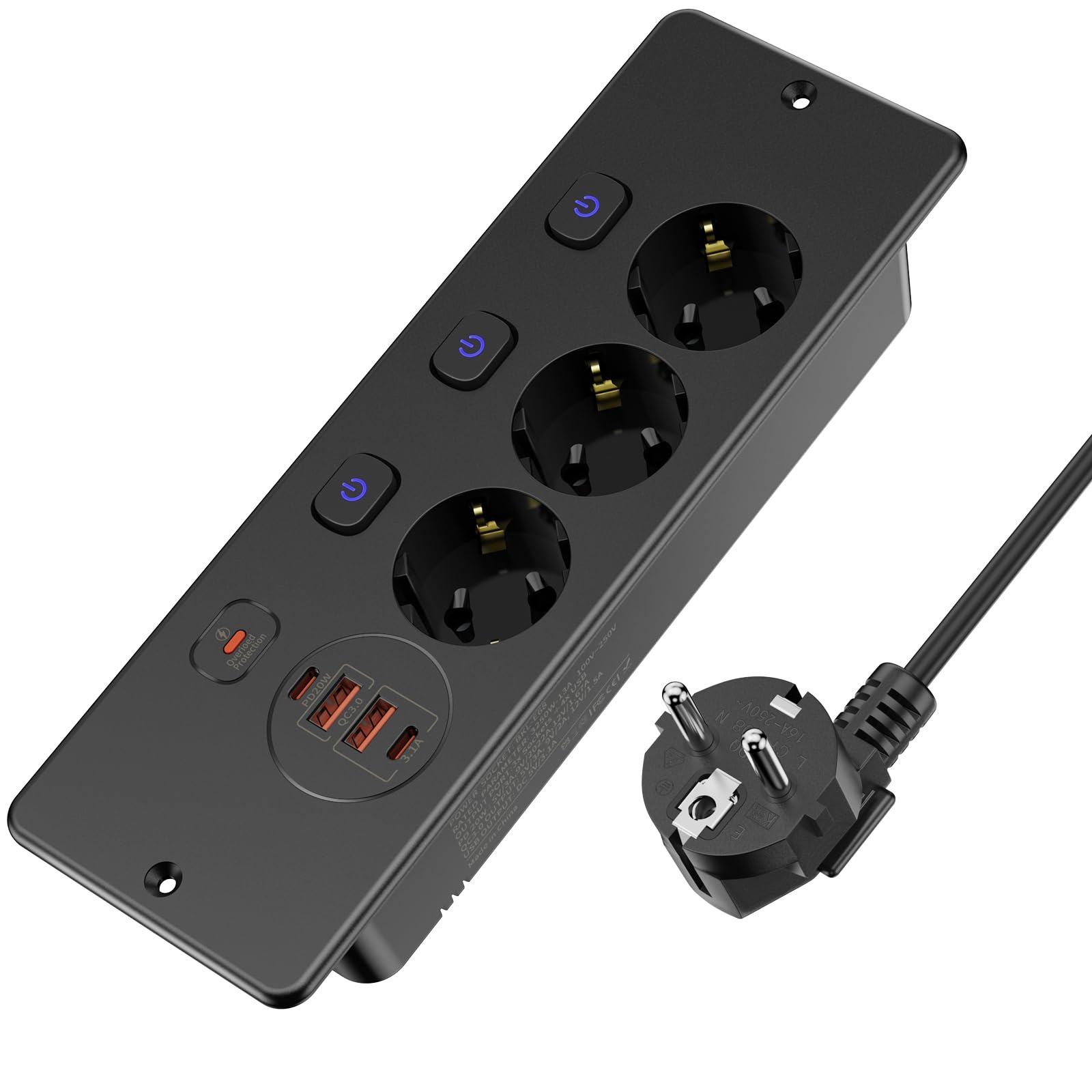 Presa da incasso USB, 3 presse da tavolo con interruttori singoli, ciabatta 2m, USB-C, presa per tavolo cucina, nero