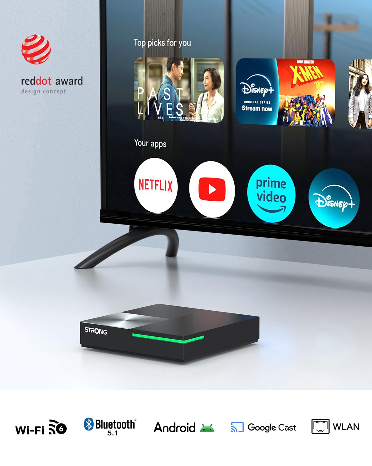 Strong Leap-S3 Pro TV Streaming Box 4K UHD Google TV con Puerto Ethernet, Android 12, 4GB RAM + 32GB Almacenamiento, Wi-Fi 6, Chromecast Integrado, Control por Voz Google, Dolby Audio Y Dolby Vision
