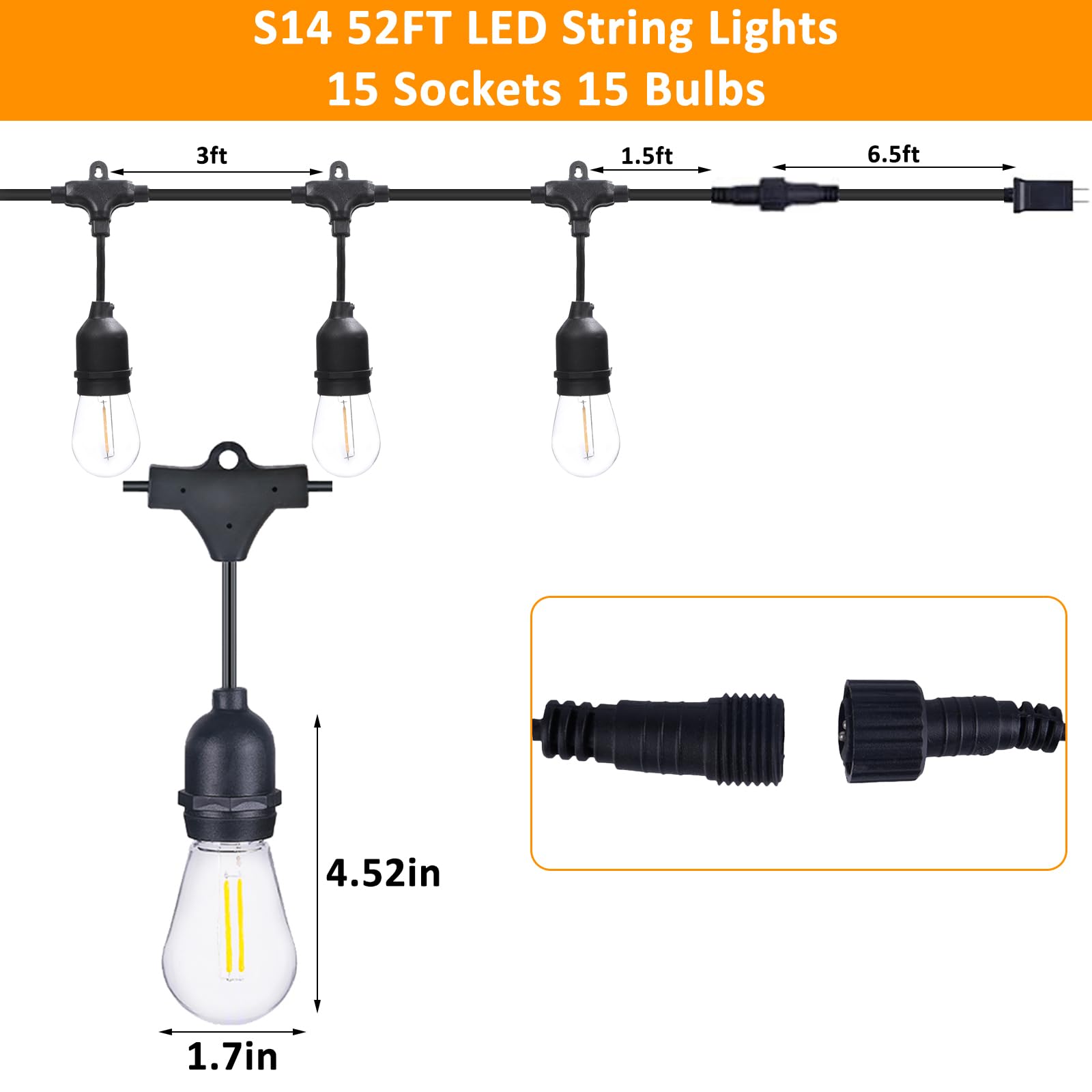 LUKASUMI 52 Ft LED Outdoor String Lights, Connectable Patio