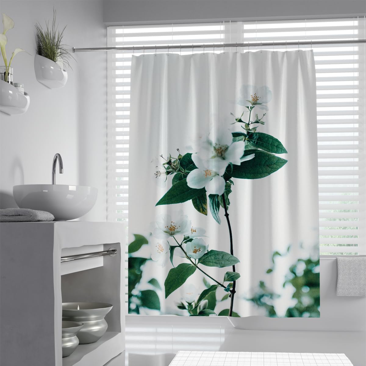 UIRINGART White Jasmine Blossom Shower Curtain W90xL180cm Elegant Botanical Floral Bush Waterproof Anti Mould Rustproof Grommets Bathroom Curtain with Hooks