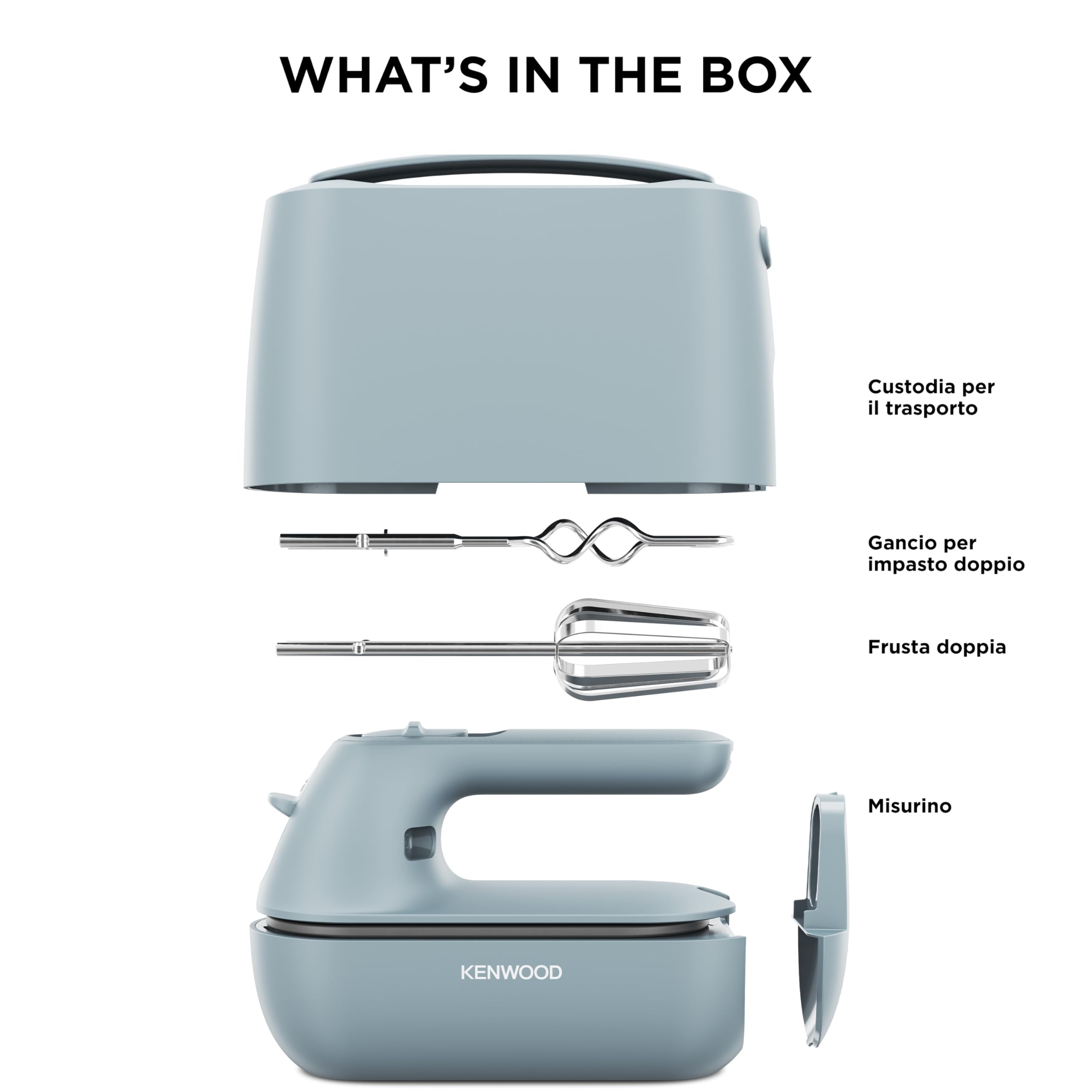 Kenwood QuickMix Go HMP40.000GY, Sbattitore Elettrico Portatile con Custodia Integrata, Fruste e Ganci per impastare in Acciaio Inox, 5 Velocità, Realizzato con Plastica Riciclata, 350W, Storm Blue