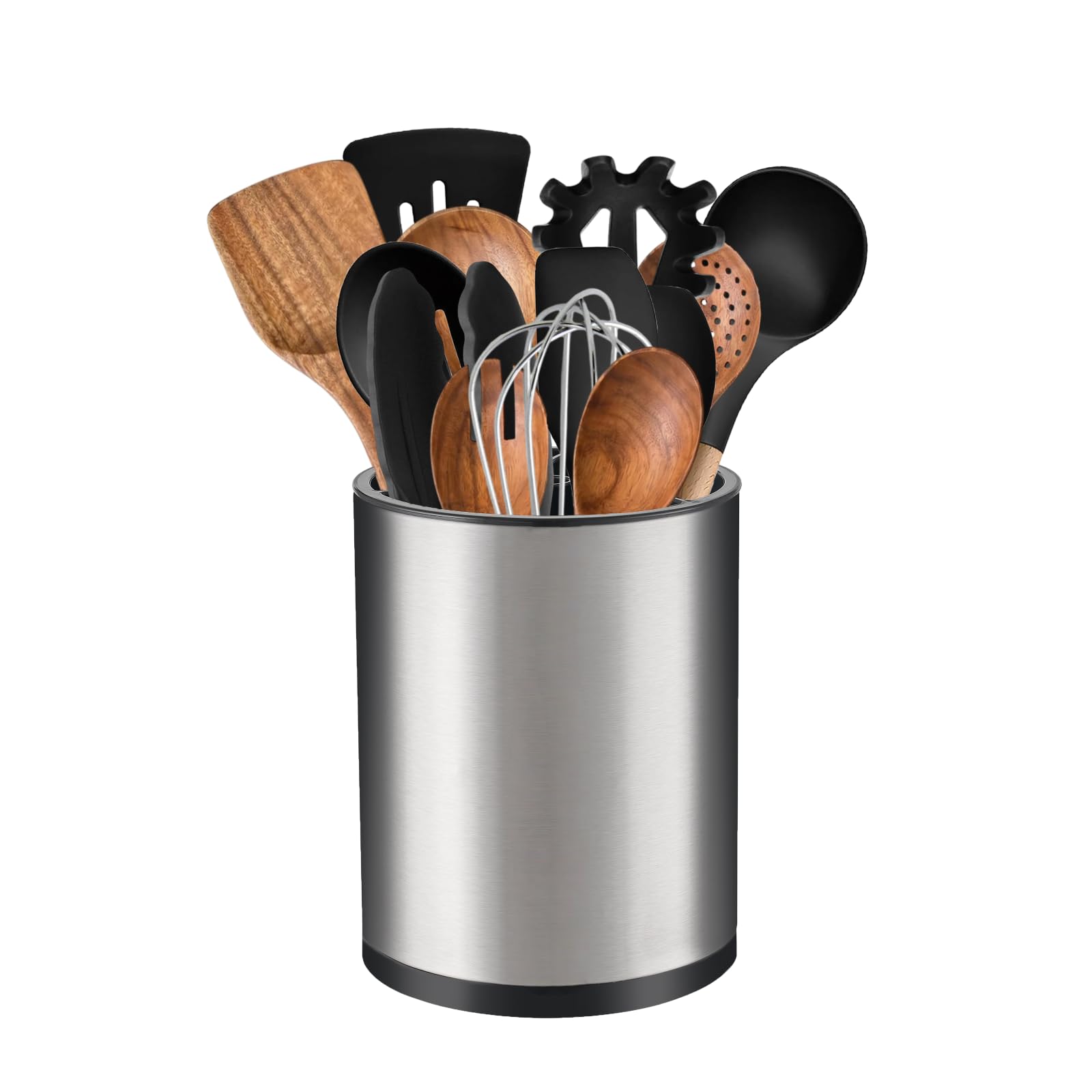Eolax Kitchen Utensil Organizer, Stainless Steel Countertop Utensil Holder, Extra-Large 360°Rotating Drainable Storage Bin with Three Compartments, Ideal for Tableware and Cooking Tools (Silvery)